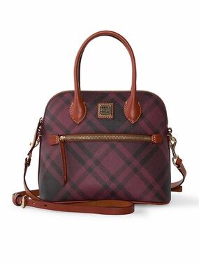 Dooney & Bourke Maroon Plaid Dome Satchel with Leather Trim